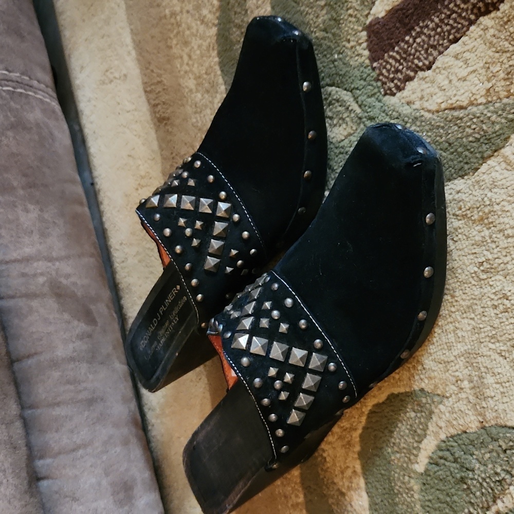 Donald Pliner suede stud mules